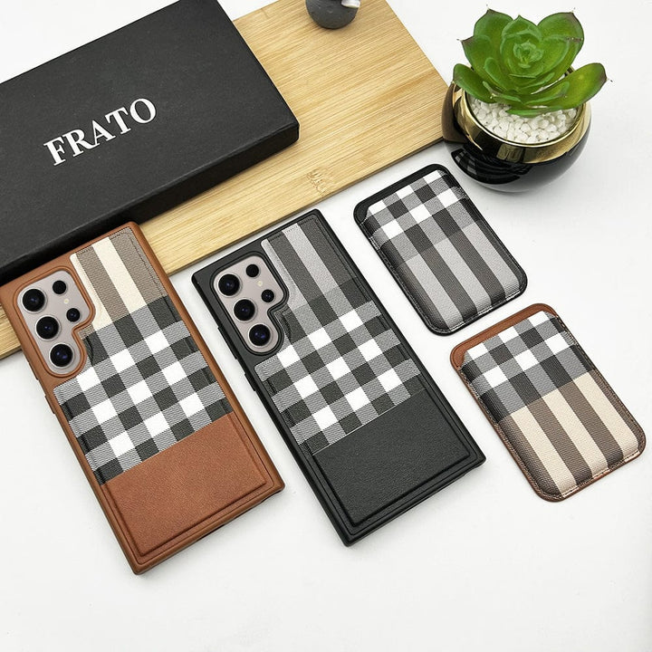 FRATO Samsung S24U Samsung Galaxy S24 Ultra Checks Leather Case With Detachable Magnetic Magsafe Card Holder Cover