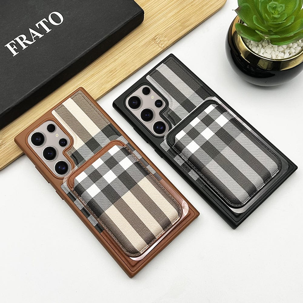 FRATO Samsung S24U Samsung Galaxy S24 Ultra Checks Leather Case With Detachable Magnetic Magsafe Card Holder Cover