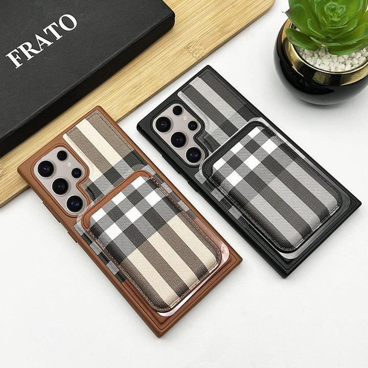 FRATO Samsung S24U Samsung Galaxy S24 Ultra Checks Leather Case With Detachable Magnetic Magsafe Card Holder Cover