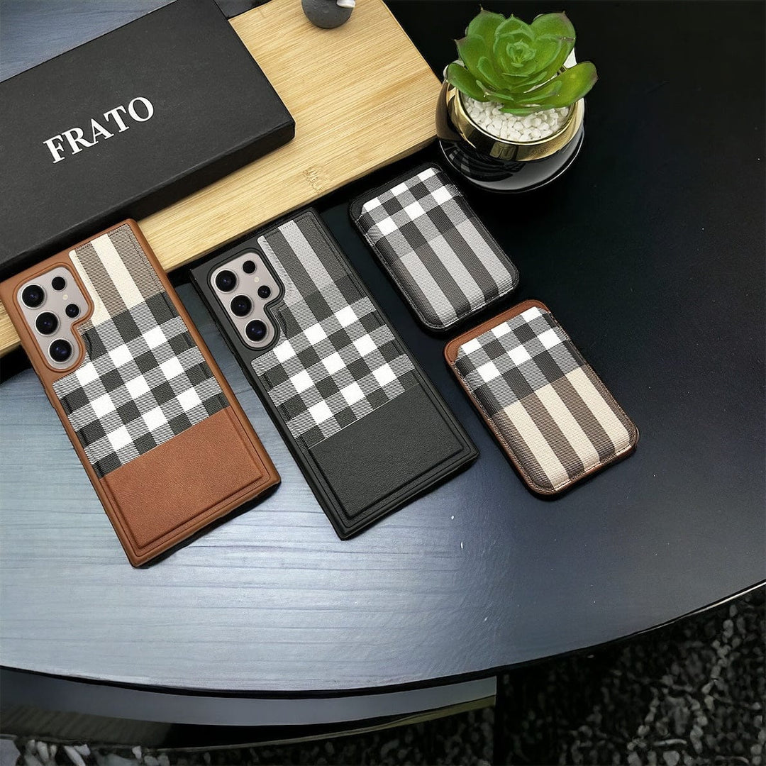 FRATO Samsung S24U Samsung Galaxy S24 Ultra Checks Leather Case With Detachable Magnetic Magsafe Card Holder Cover