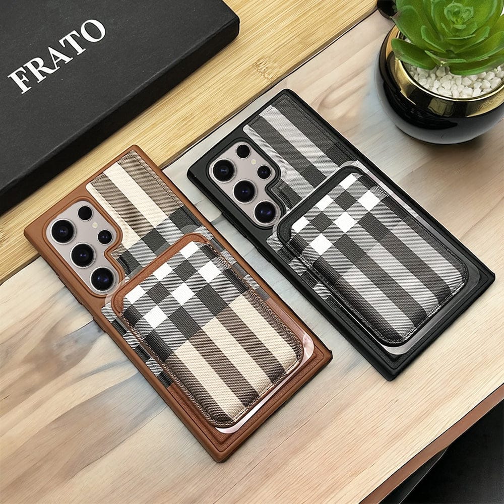 FRATO Samsung S24U Samsung Galaxy S24 Ultra Checks Leather Case With Detachable Magnetic Magsafe Card Holder Cover