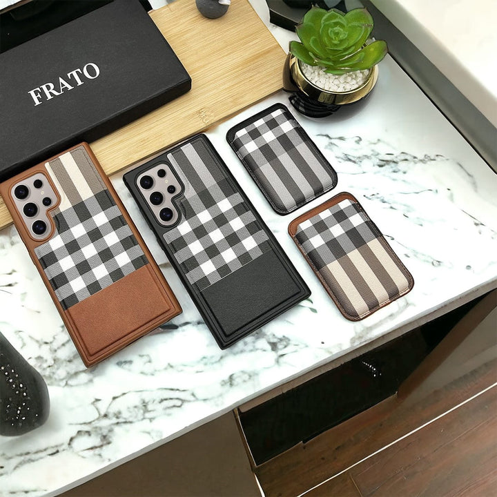 FRATO Samsung S24U Samsung Galaxy S24 Ultra Checks Leather Case With Detachable Magnetic Magsafe Card Holder Cover
