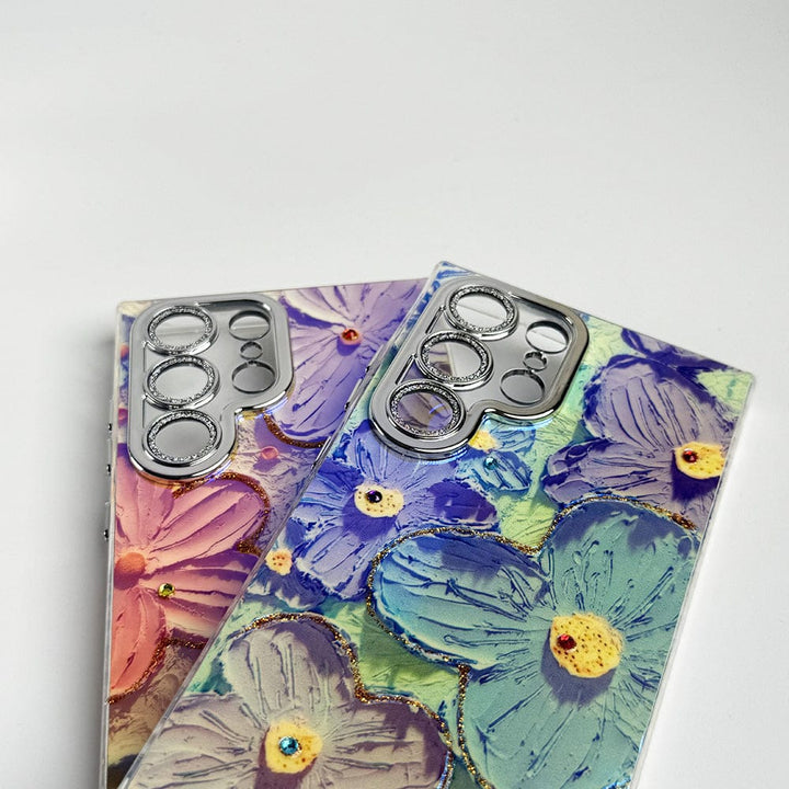 FRATO Samsung S24U Samsung Galaxy S24 Ultra Luxury 3D Oil Painting Floral Design Glitter Lens Protection Cover