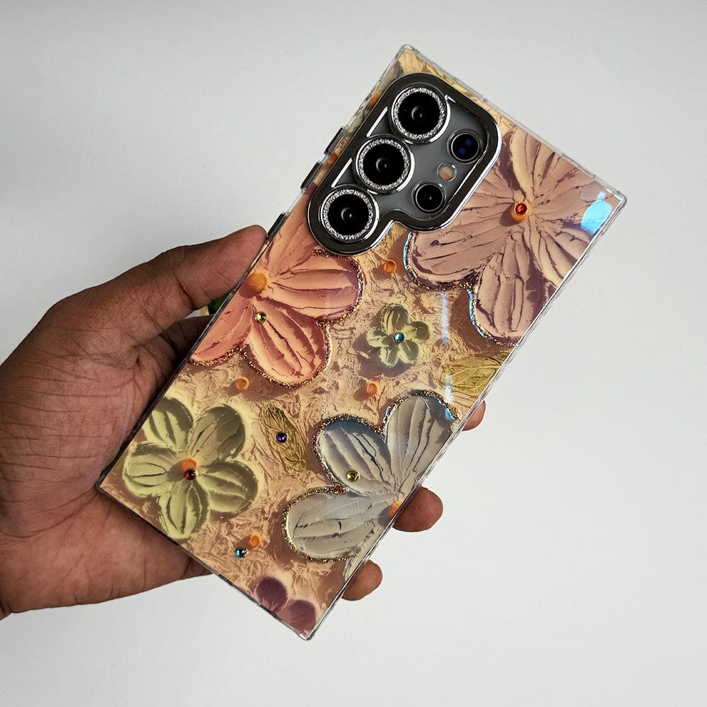 FRATO Samsung S24U Samsung Galaxy S24 Ultra Luxury 3D Oil Painting Floral Design Glitter Lens Protection Cover