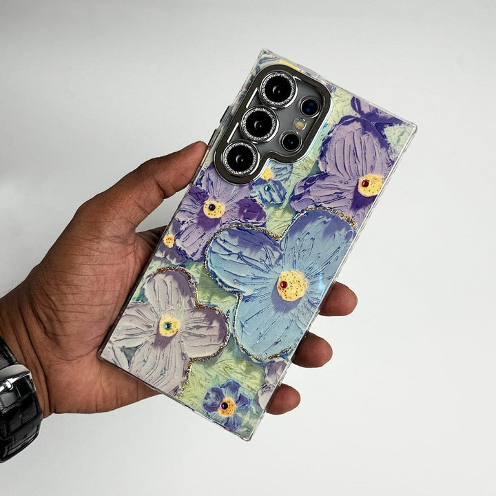 FRATO Samsung S24U Samsung Galaxy S24 Ultra Luxury 3D Oil Painting Floral Design Glitter Lens Protection Cover