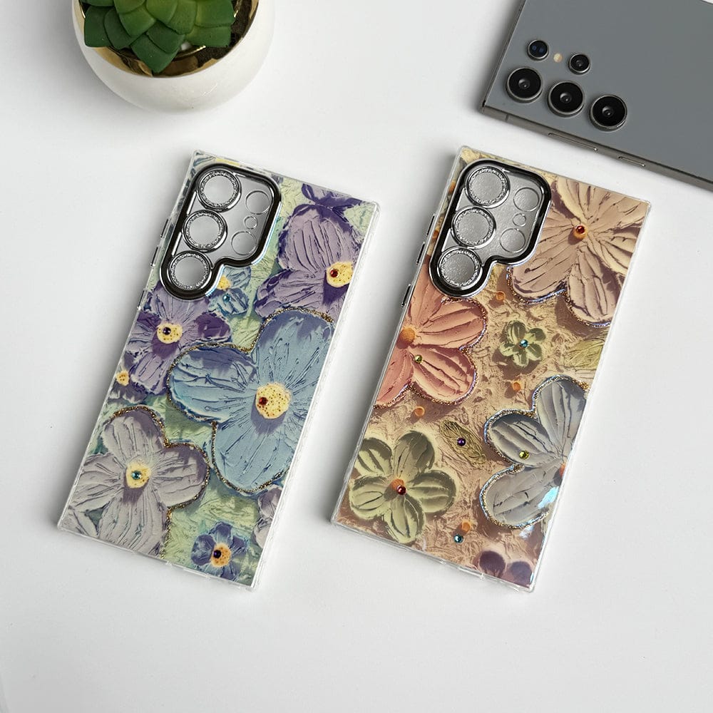 FRATO Samsung S24U Samsung Galaxy S24 Ultra Luxury 3D Oil Painting Floral Design Glitter Lens Protection Cover