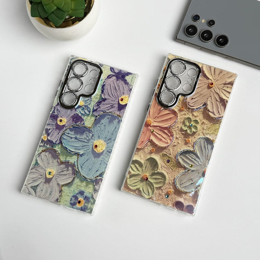 FRATO Samsung S24U Samsung Galaxy S24 Ultra Luxury 3D Oil Painting Floral Design Glitter Lens Protection Cover
