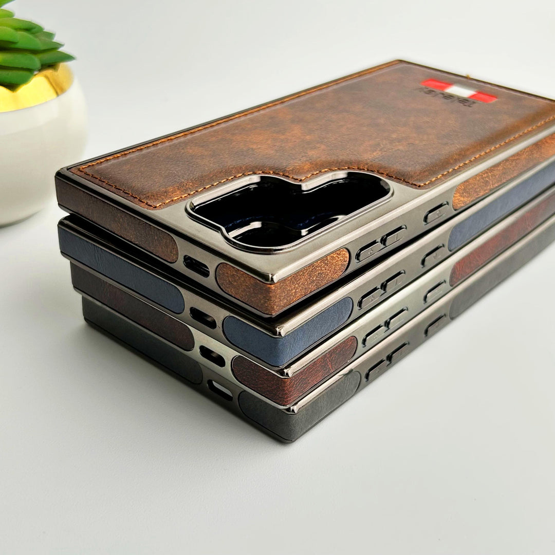 FRATO Samsung S24U Samsung Galaxy S24 Ultra Textured PU Leather Side Chrome Case Cover