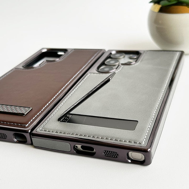 FRATO Samsung S24U Samsung Galaxy S24 Ultra Textured Stripe Stand PU Leather Side Chrome Case Cover