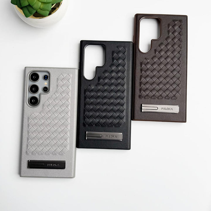 FRATO Samsung S24U Samsung Galaxy S24 Ultra Weave Leather with Metal Kickstand Slim Back Cover