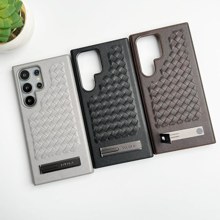 FRATO Samsung S24U Samsung Galaxy S24 Ultra Weave Leather with Metal Kickstand Slim Back Cover