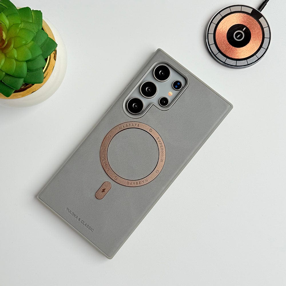 FRATO Samsung S24U Titanium Gray Samsung Galaxy S24 Ultra Premium PU Leather Metal MagSafe Ring Case
