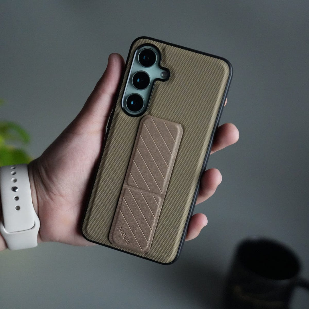 FRATO Samsung S25 Beige Galaxy S25 GripStand Hybrid Case | Textured Anti-Slip Back with Foldable Kickstand &amp; Secure Hand Strap