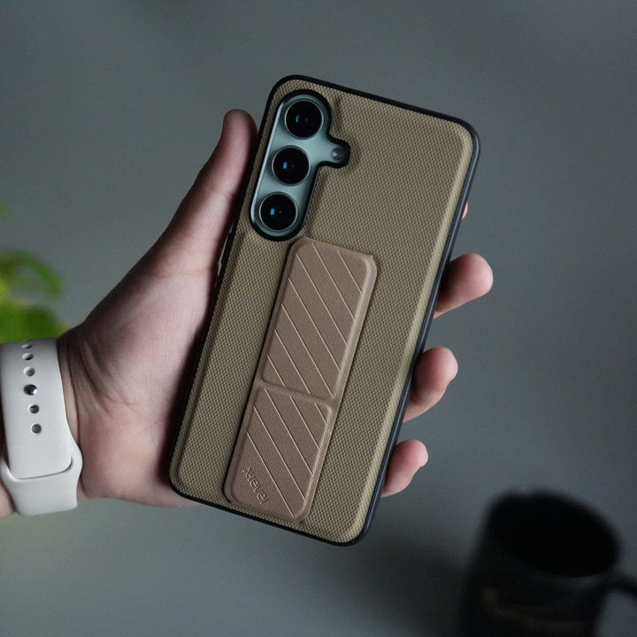 FRATO Samsung S25 Beige Galaxy S25 GripStand Hybrid Case | Textured Anti-Slip Back with Foldable Kickstand &amp; Secure Hand Strap