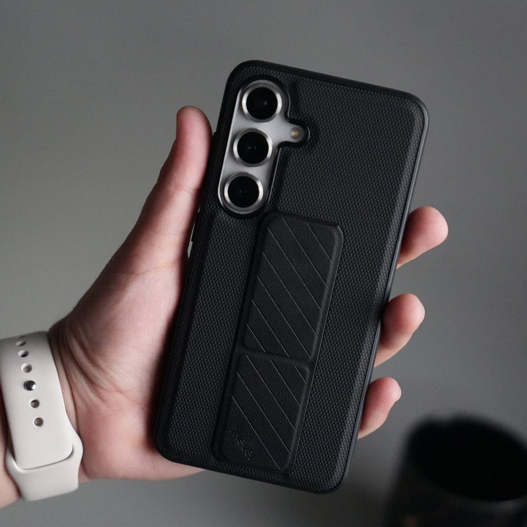 FRATO Samsung S25 Black Galaxy S25 GripStand Hybrid Case | Textured Anti-Slip Back with Foldable Kickstand &amp; Secure Hand Strap