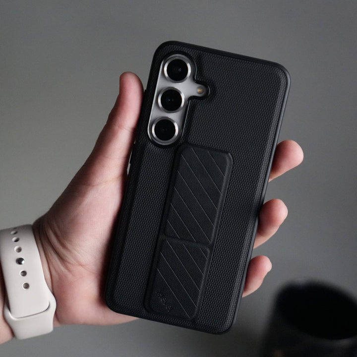 FRATO Samsung S25 Black Galaxy S25 GripStand Hybrid Case | Textured Anti-Slip Back with Foldable Kickstand &amp; Secure Hand Strap