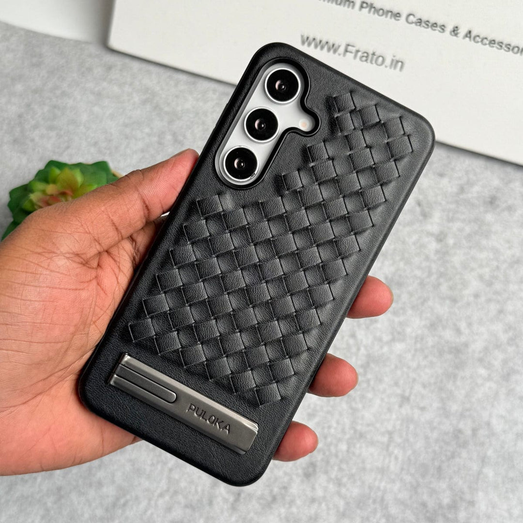 FRATO Samsung S25 Black Samsung Galaxy S25 Weave Leather with Metal Kickstand Slim Back Cover