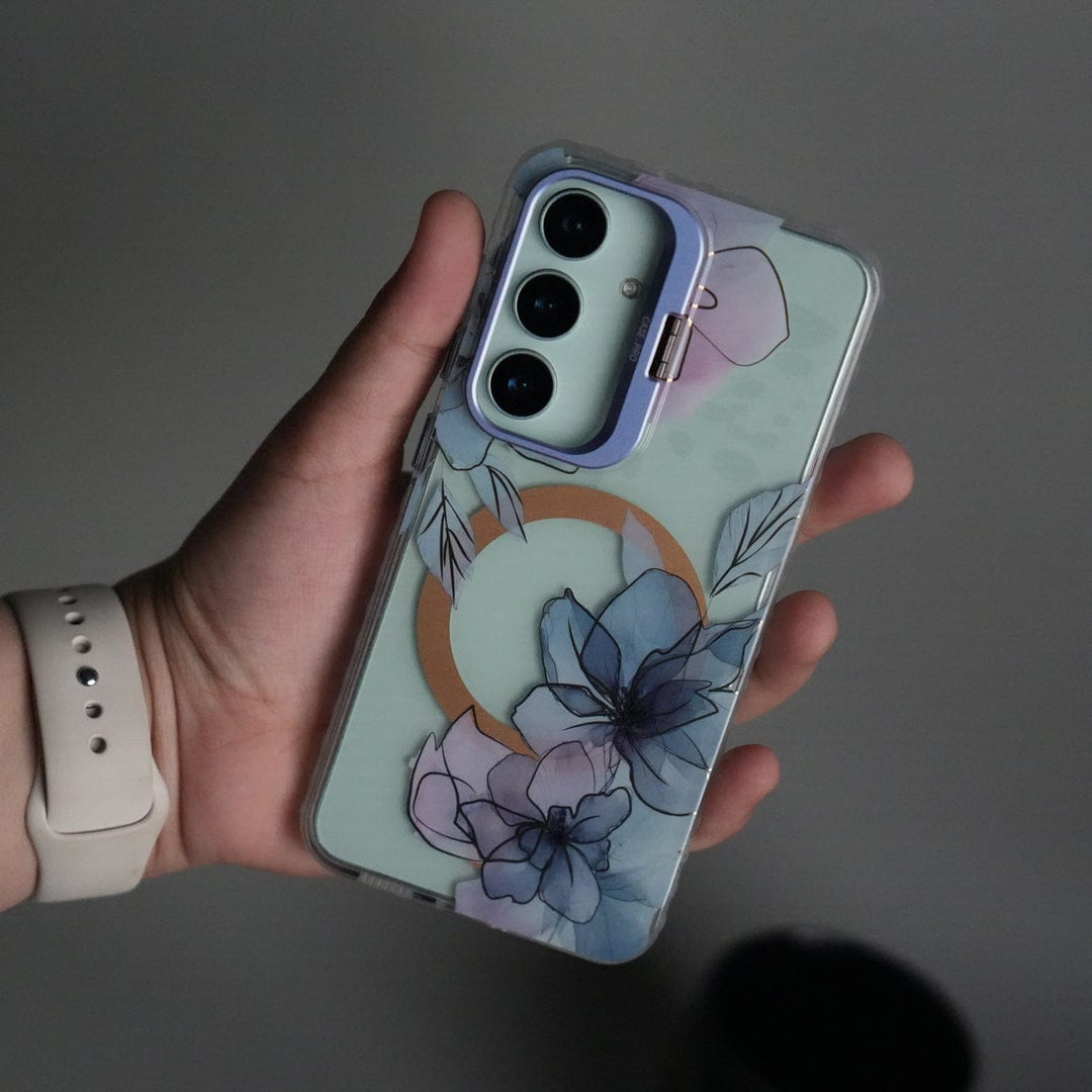 FRATO Samsung S25 Blue Galaxy S25 FloraCrystal Clear Floral Design Case with Color Metal Camera Stand Frame