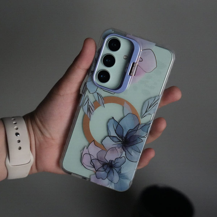 FRATO Samsung S25 Blue Galaxy S25 FloraCrystal Clear Floral Design Case with Color Metal Camera Stand Frame