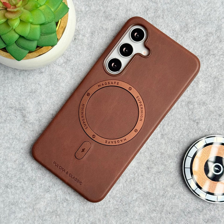 FRATO Samsung S25 Brown Samsung Galaxy S25 Premium PU Leather Metal MagSafe Ring Cover