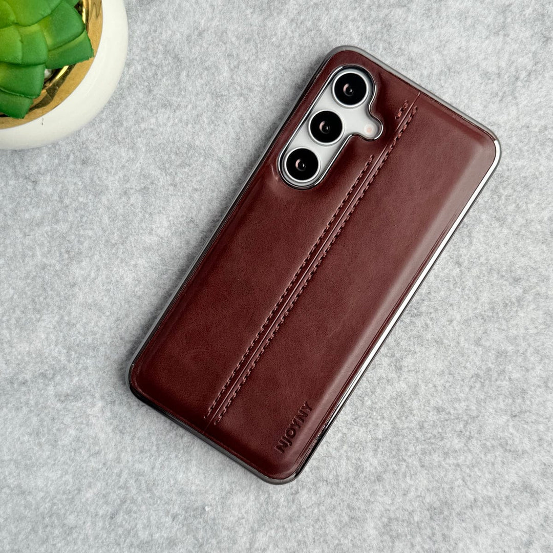 FRATO Samsung S25 Dark Brown Samsung Galaxy S25 PU Leather Middle Stitch Side Chrome Case Cover