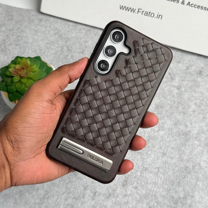FRATO Samsung S25 Dark Brown Samsung Galaxy S25 Weave Leather with Metal Kickstand Slim Back Cover