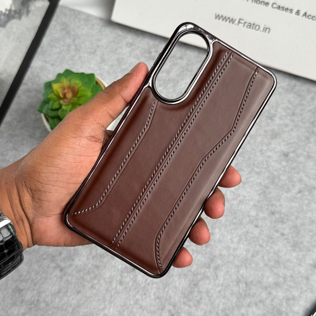 FRATO Samsung S25 Edge Brown Samsung Galaxy S25 Edge PU Leather Stitch Chrome Case Cover