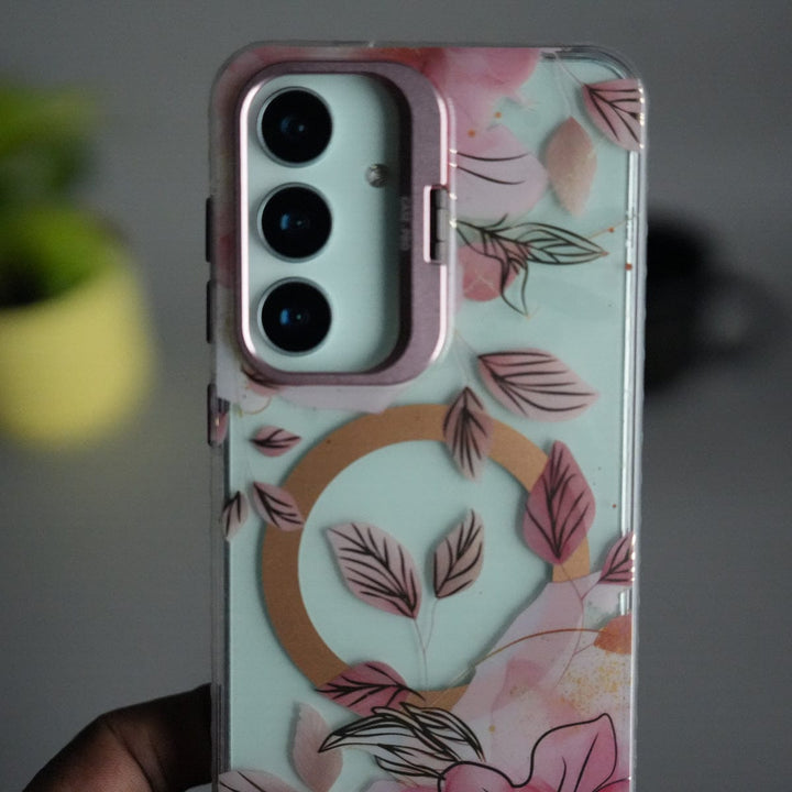 FRATO Samsung S25 Galaxy S25 FloraCrystal Clear Floral Design Case with Color Metal Camera Stand Frame