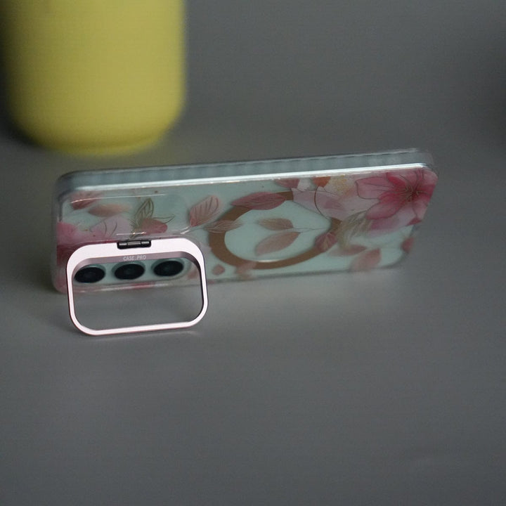 FRATO Samsung S25 Galaxy S25 FloraCrystal Clear Floral Design Case with Color Metal Camera Stand Frame