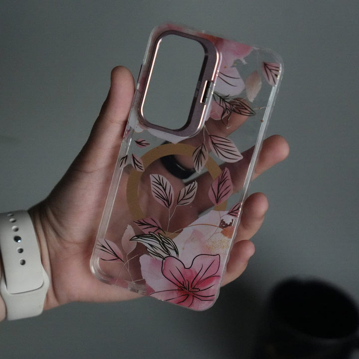 FRATO Samsung S25 Galaxy S25 FloraCrystal Clear Floral Design Case with Color Metal Camera Stand Frame