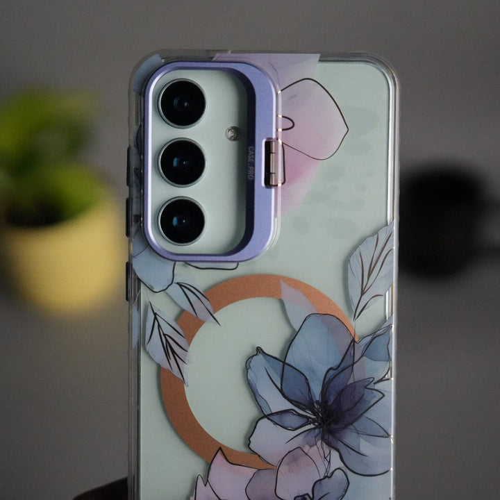 FRATO Samsung S25 Galaxy S25 FloraCrystal Clear Floral Design Case with Color Metal Camera Stand Frame