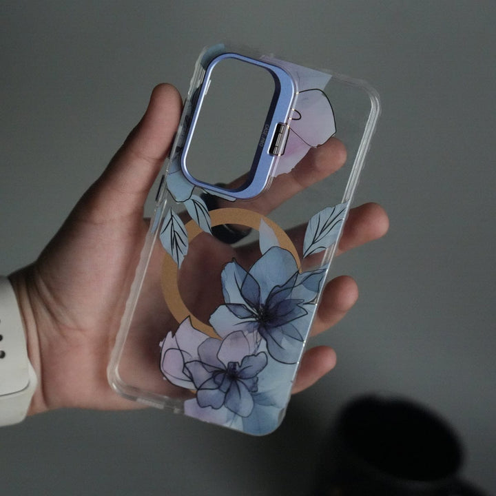 FRATO Samsung S25 Galaxy S25 FloraCrystal Clear Floral Design Case with Color Metal Camera Stand Frame