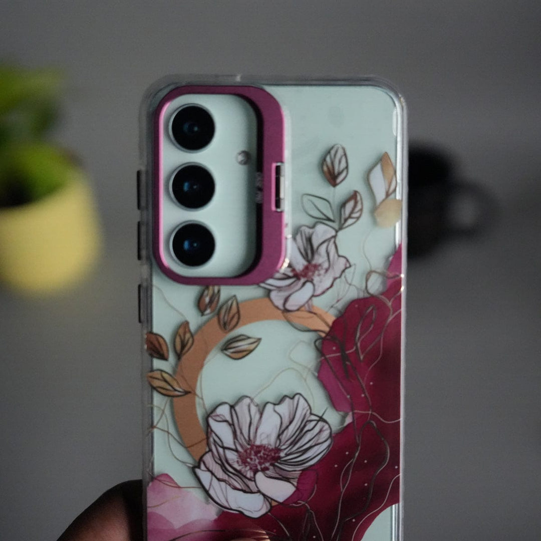 FRATO Samsung S25 Galaxy S25 FloraCrystal Clear Floral Design Case with Color Metal Camera Stand Frame