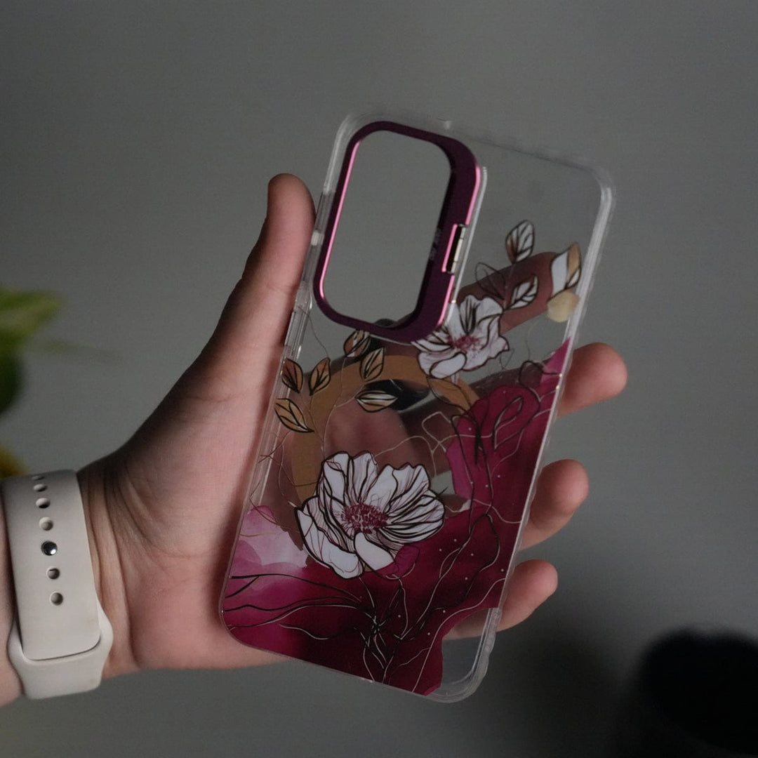 FRATO Samsung S25 Galaxy S25 FloraCrystal Clear Floral Design Case with Color Metal Camera Stand Frame
