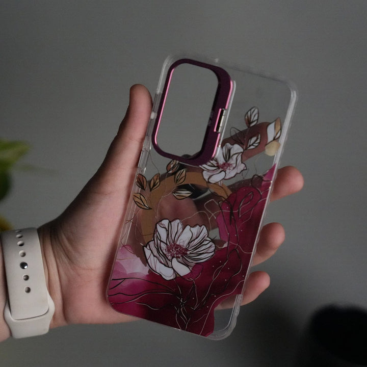FRATO Samsung S25 Galaxy S25 FloraCrystal Clear Floral Design Case with Color Metal Camera Stand Frame