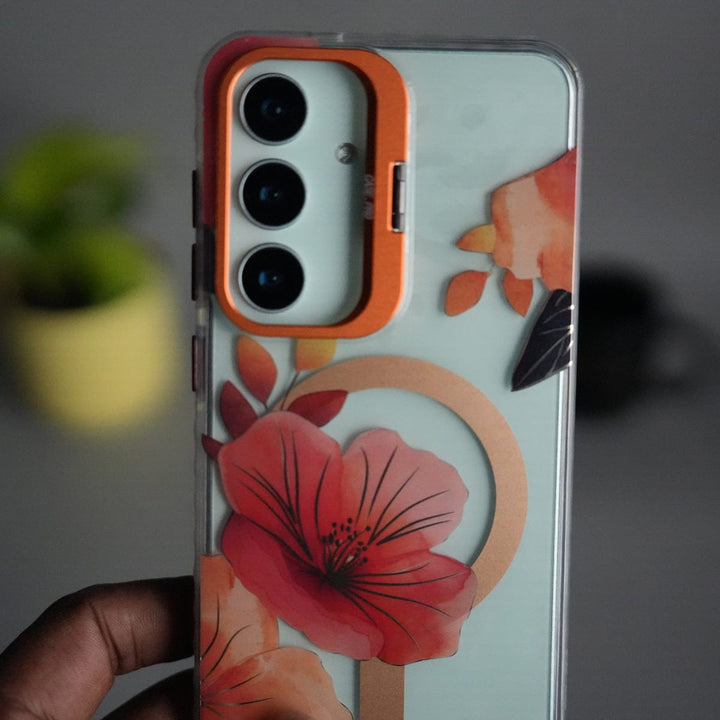FRATO Samsung S25 Galaxy S25 FloraCrystal Clear Floral Design Case with Color Metal Camera Stand Frame