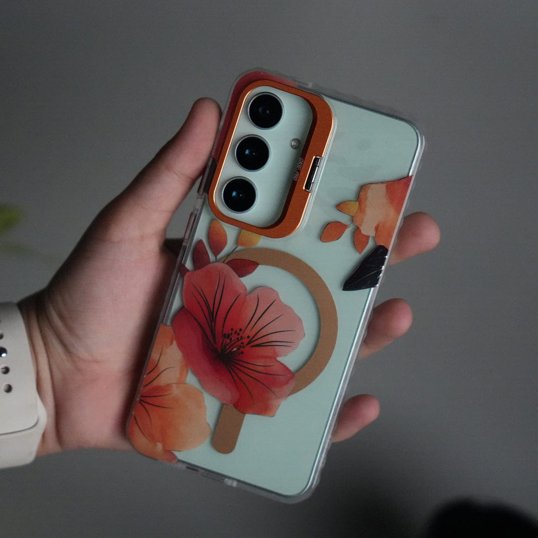FRATO Samsung S25 Galaxy S25 FloraCrystal Clear Floral Design Case with Color Metal Camera Stand Frame
