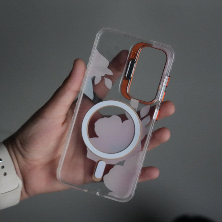 FRATO Samsung S25 Galaxy S25 FloraCrystal Clear Floral Design Case with Color Metal Camera Stand Frame