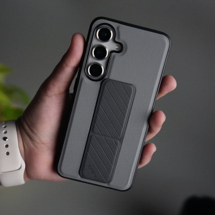 FRATO Samsung S25 Gray Galaxy S25 GripStand Hybrid Case | Textured Anti-Slip Back with Foldable Kickstand &amp; Secure Hand Strap