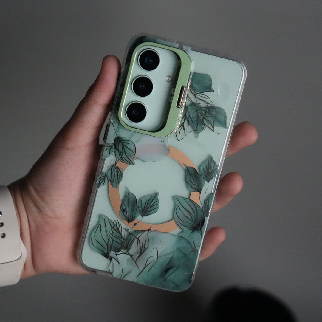 FRATO Samsung S25 Green Galaxy S25 FloraCrystal Clear Floral Design Case with Color Metal Camera Stand Frame