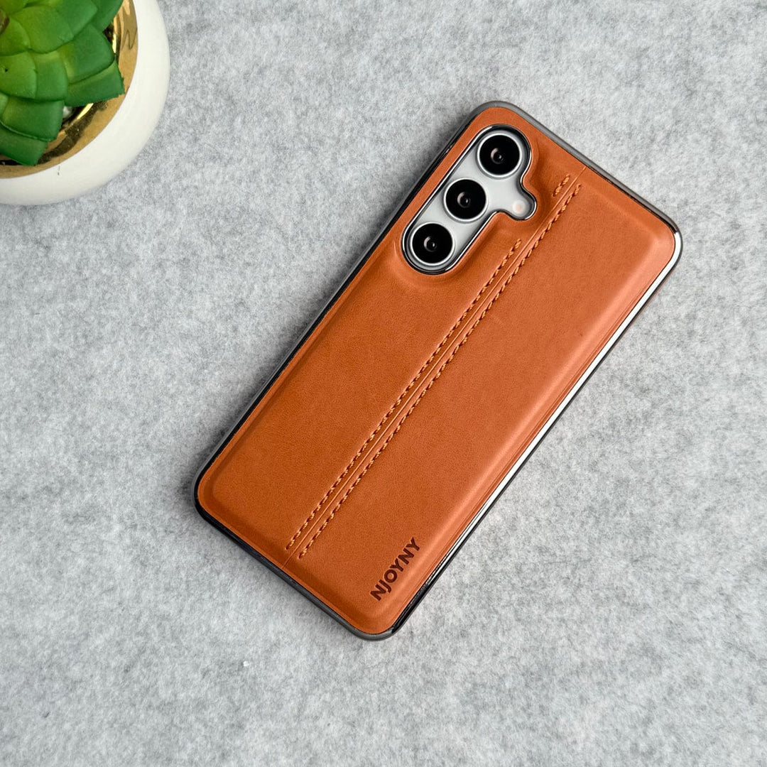 FRATO Samsung S25 Light Brown Samsung Galaxy S25 PU Leather Middle Stitch Side Chrome Case Cover