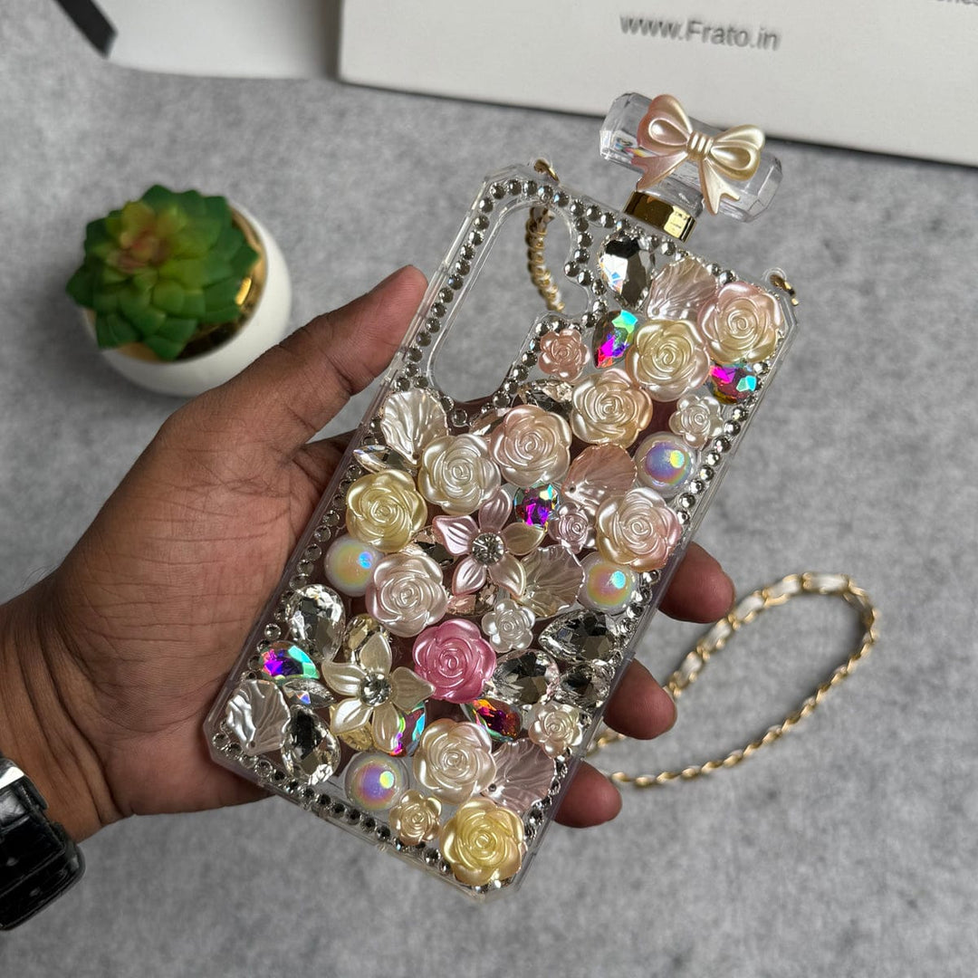FRATO Samsung S25 Pink Flower Samsung Galaxy S25 Perfume Rhinestone Diamond Design Sling Girly Cover
