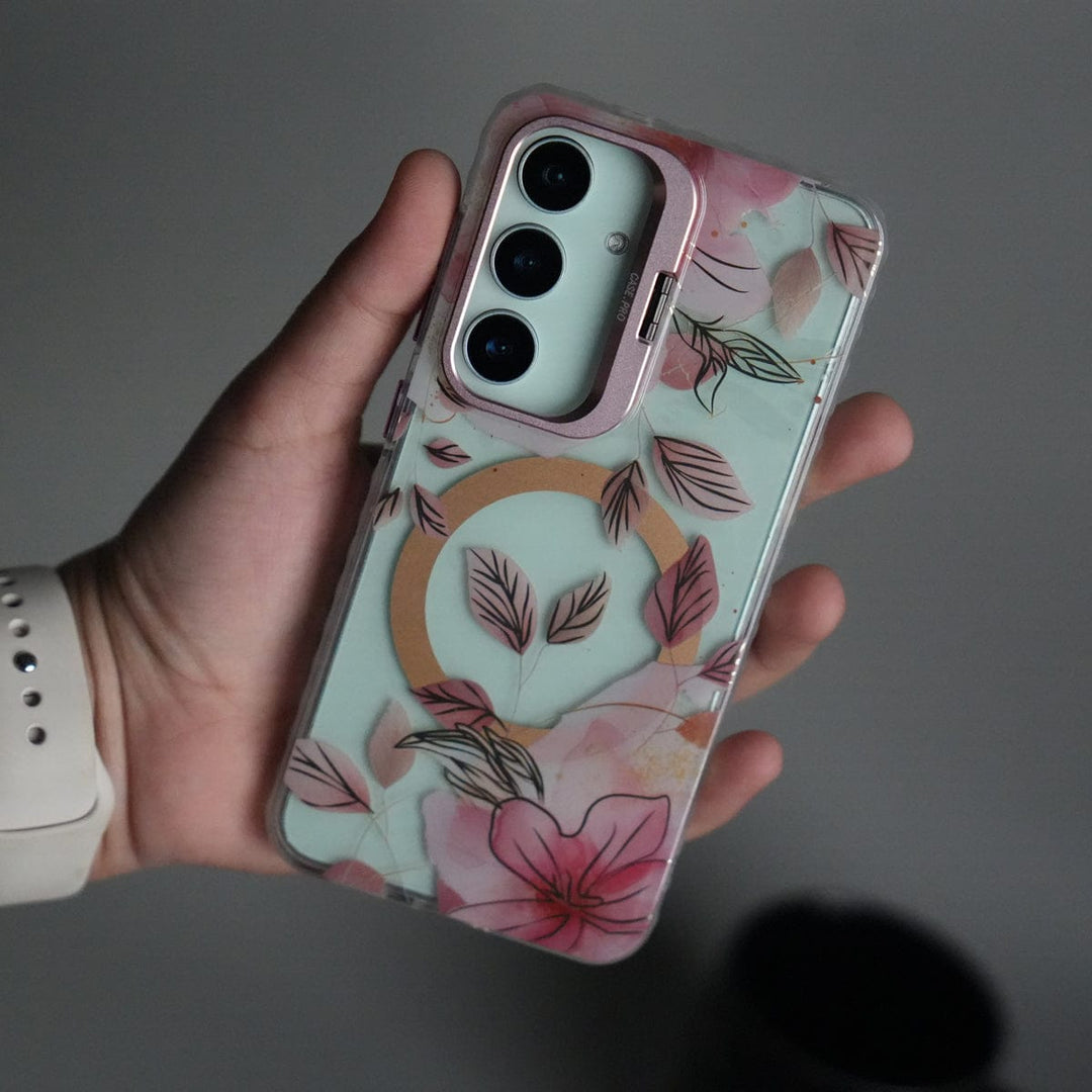 FRATO Samsung S25 Pink Galaxy S25 FloraCrystal Clear Floral Design Case with Color Metal Camera Stand Frame