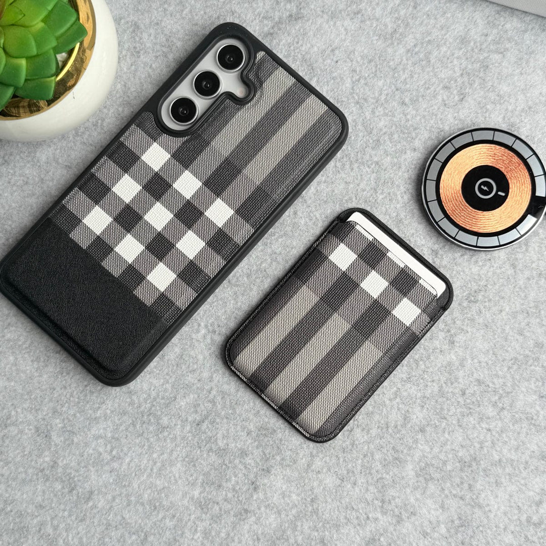 FRATO Samsung S25 Plus Black Samsung Galaxy S25 Plus Checks Leather Case With Detachable Magnetic Magsafe Card Holder Cover