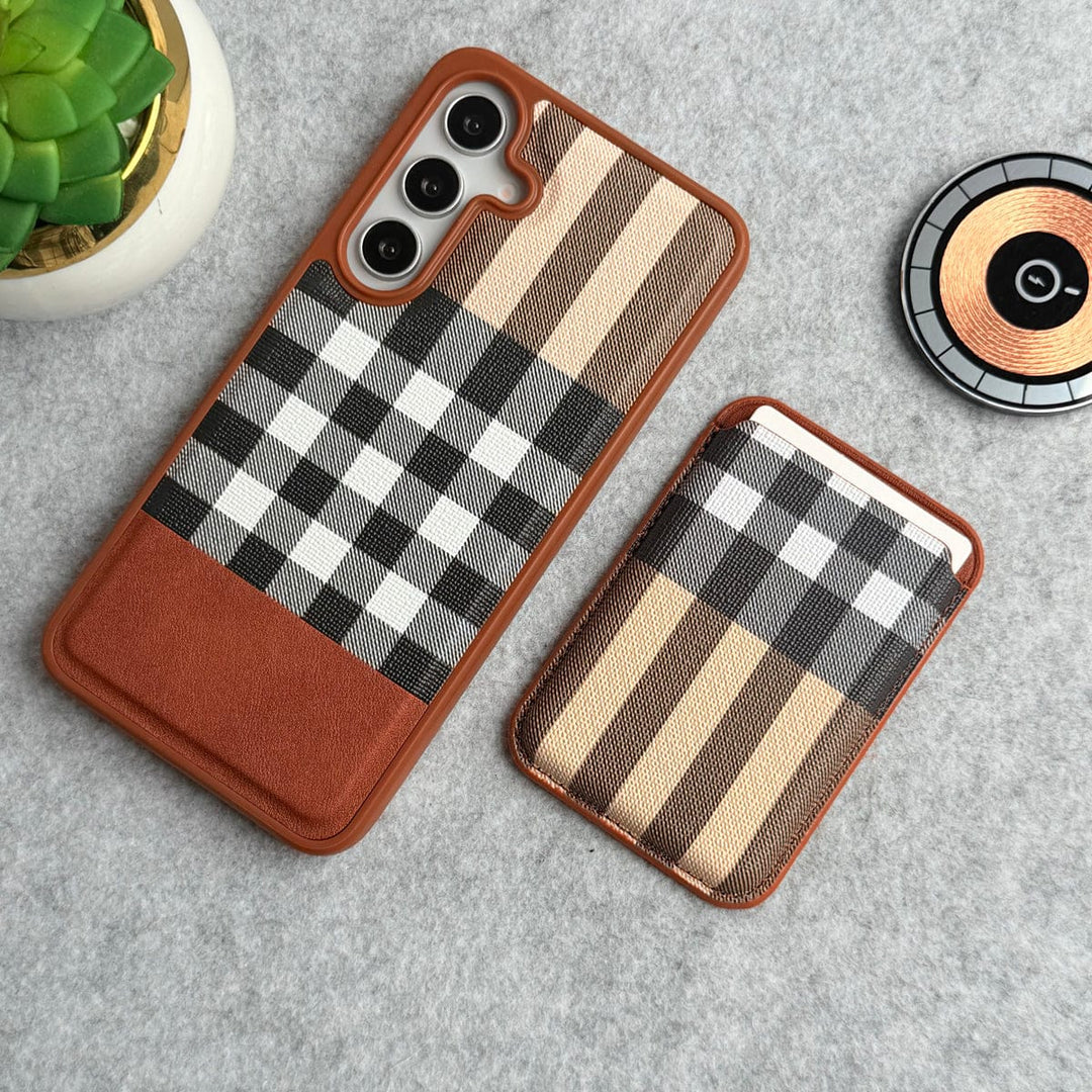 FRATO Samsung S25 Plus Brown Samsung Galaxy S25 Plus Checks Leather Case With Detachable Magnetic Magsafe Card Holder Cover