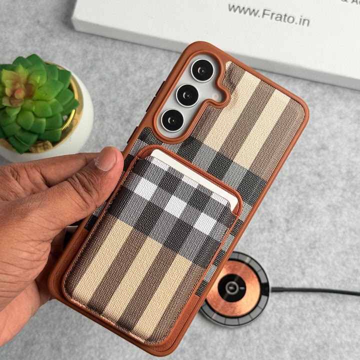 FRATO Samsung S25 Plus Samsung Galaxy S25 Plus Checks Leather Case With Detachable Magnetic Magsafe Card Holder Cover