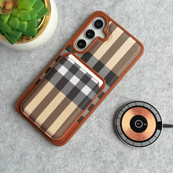 FRATO Samsung S25 Plus Samsung Galaxy S25 Plus Checks Leather Case With Detachable Magnetic Magsafe Card Holder Cover