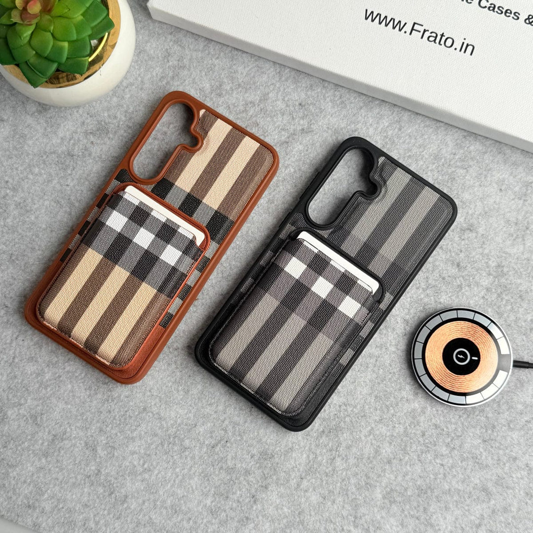FRATO Samsung S25 Plus Samsung Galaxy S25 Plus Checks Leather Case With Detachable Magnetic Magsafe Card Holder Cover