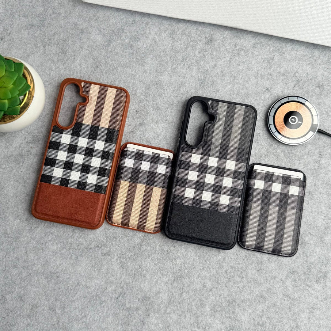 FRATO Samsung S25 Plus Samsung Galaxy S25 Plus Checks Leather Case With Detachable Magnetic Magsafe Card Holder Cover