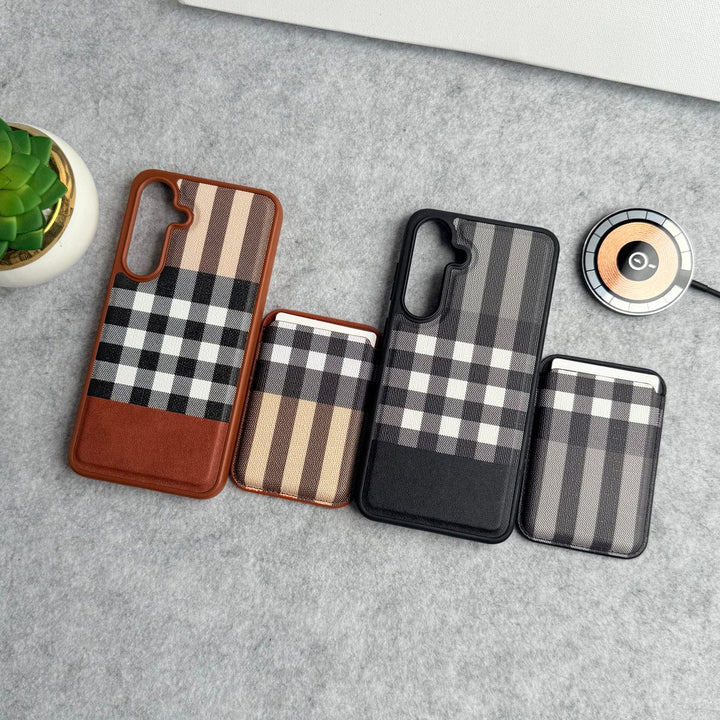 FRATO Samsung S25 Plus Samsung Galaxy S25 Plus Checks Leather Case With Detachable Magnetic Magsafe Card Holder Cover